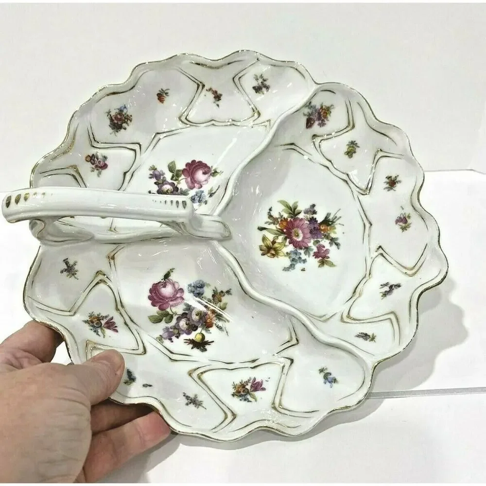 Vintage porcelain center handle server bowl 3-part vegie display white & floral